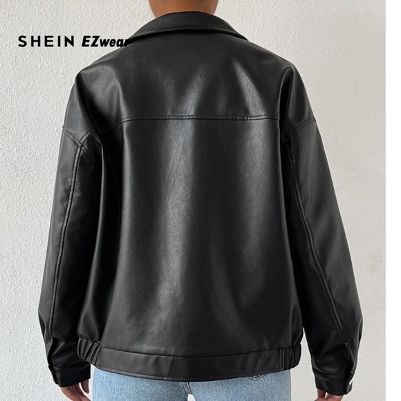 SHEIN EzWear Black Faux Leather Bomber Jacket - Picture 2 of 5